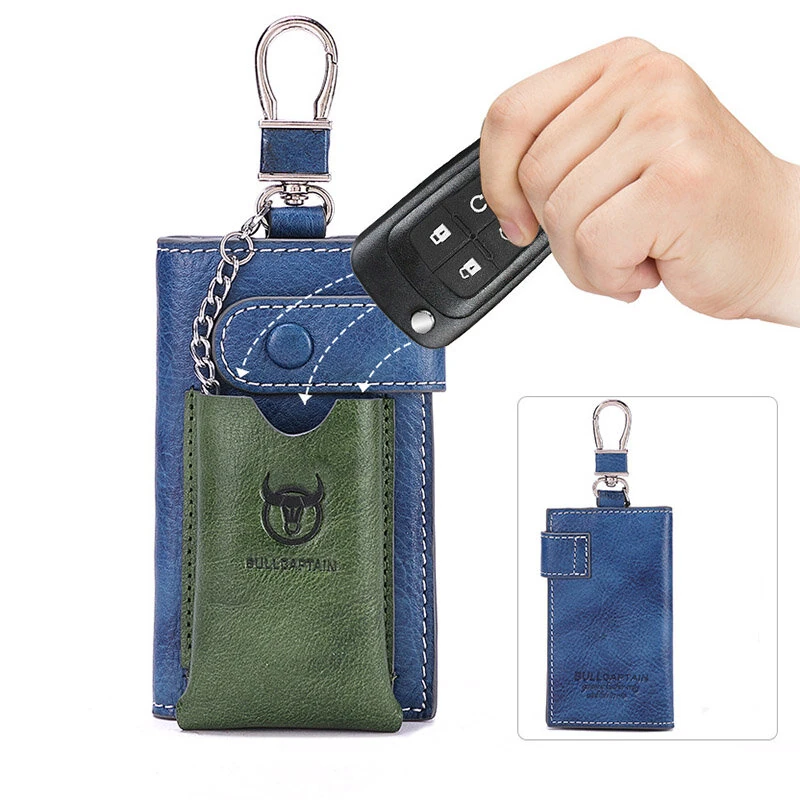 (image for) BULLCAPTAIN Genuine Leather Mens Keycase Portable Car Keychain Storage Key Holder Fashion Color Block Design Housekeeper Stand Stylish Compact Key Bag